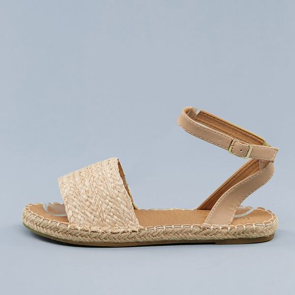 

Peep Toe Buckled Ankle Straw Espadrille Sandals, Khaki