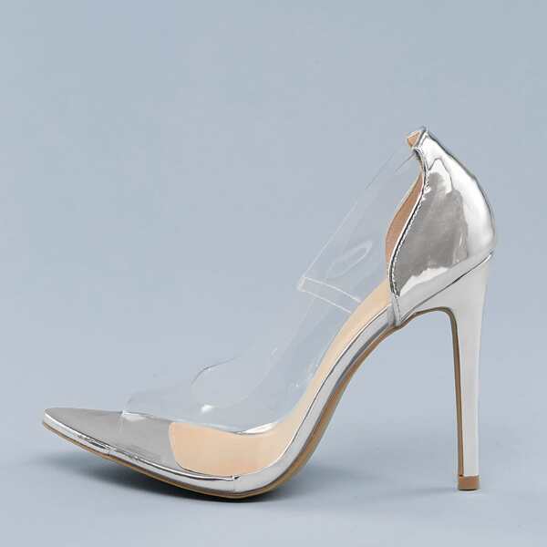 

Peep Toe Clear Detail Stiletto Heel Metallic Pumps, Silver