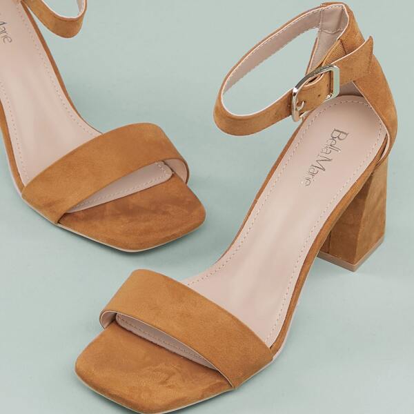 

Square Open Toe Ankle Strap Chunky Heel Sandals, Camel