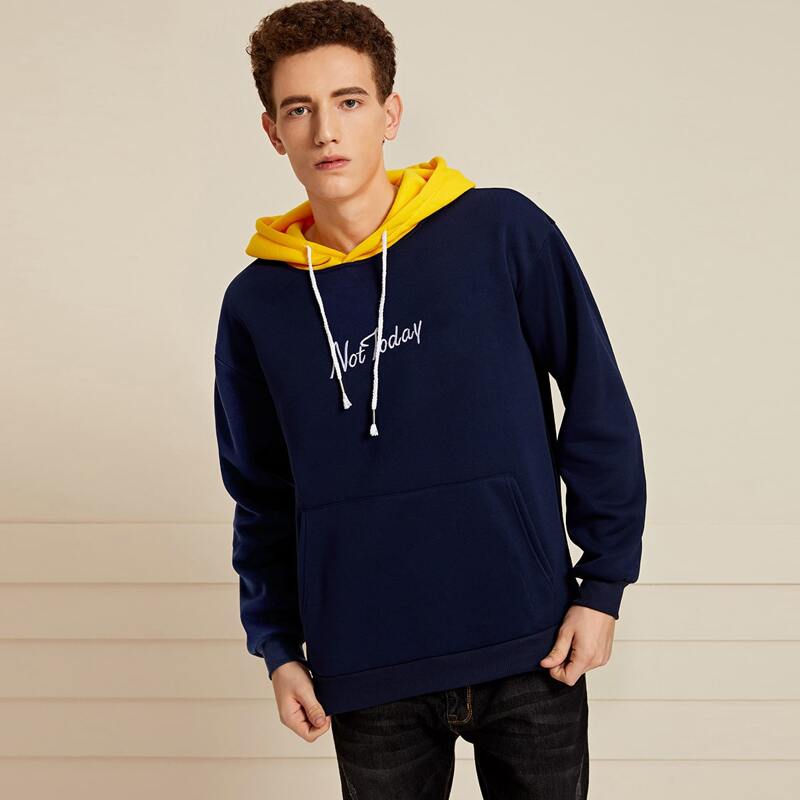 

Guys Letter Embroidery Drawstring Hoodie, Navy blue