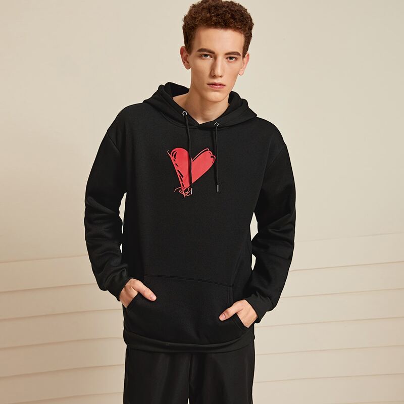 

Guys Heart Print Drawstring Hoodie, Black