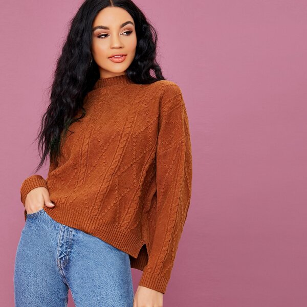 

Mock Neck Cable Knit Pullover Sweater, Brown