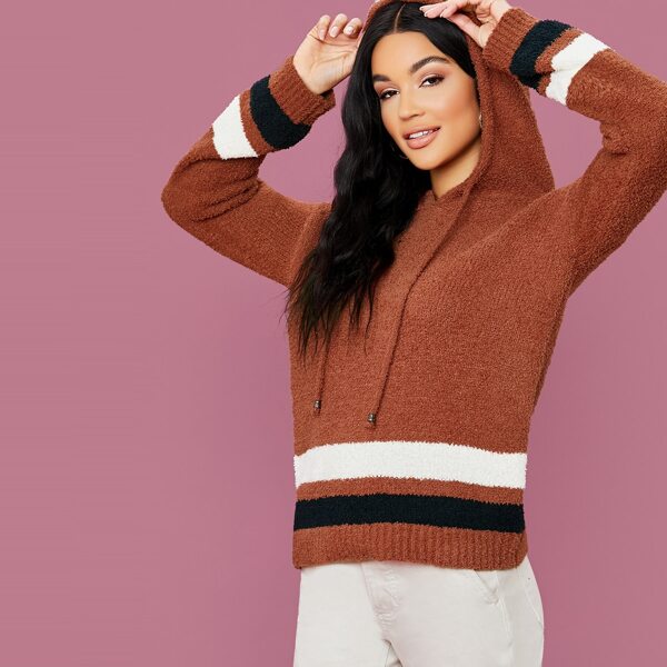 

Fuzzy Bear Knit Stripe Hooded Pullover Sweater, Brown