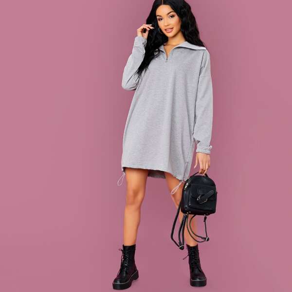 

Mock Neck Quarter Zip Long Sleeve Dress, Grey