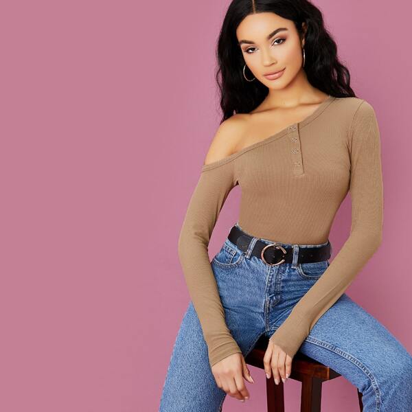 

Asymmetric Open Shoulder Long Sleeve Rib Knit Top, Apricot