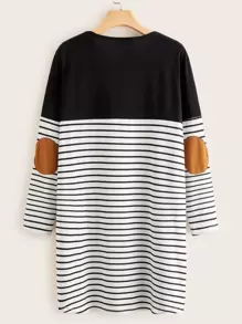 SHEIN LUNE Elbow Patched Striped Tee Dress - Black and White - View 2