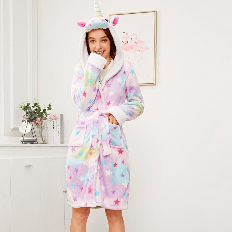

Unicorn & Star Print Belted Hooded Robe, Multicolor