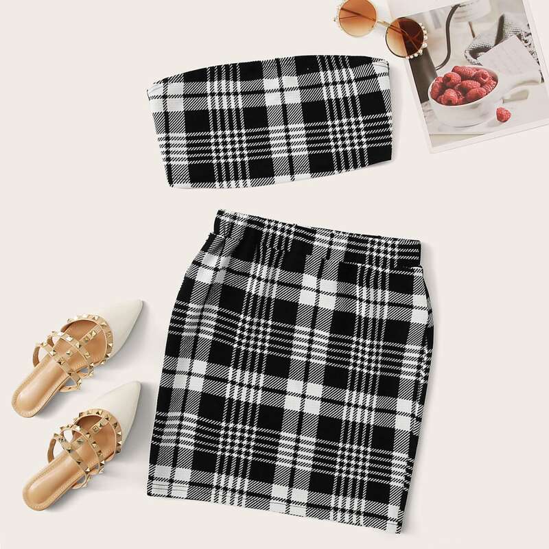 

Plaid Bandeau & Bodycon Skirt Set, Black and white