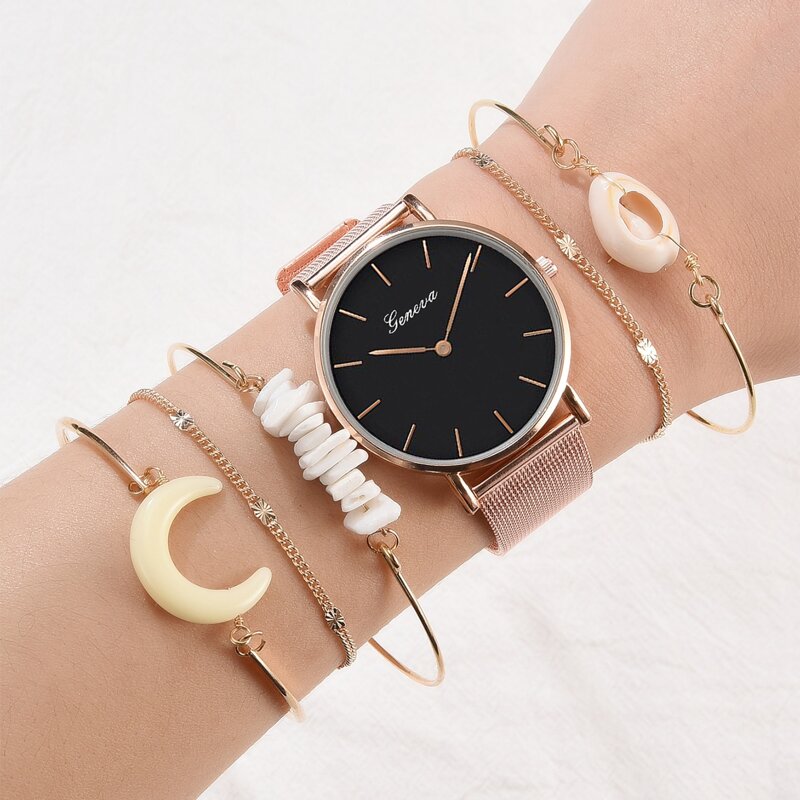 

1pc Mesh Strap Minimalist Watch & 5pcs Bracelet