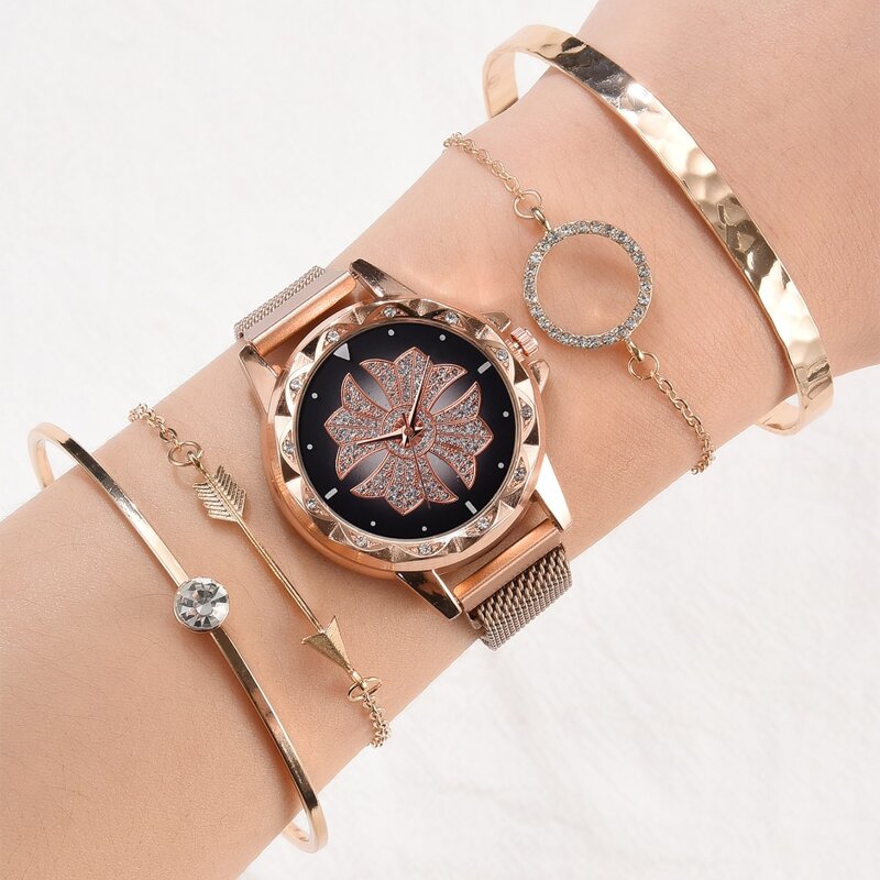

1pc Rhinestone Flower Dial Watch & 4pcs Bracelet