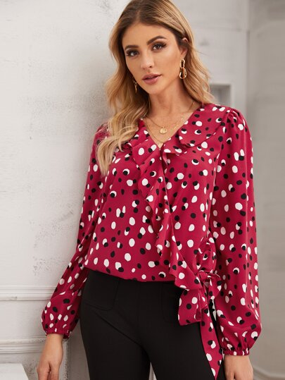 Allover Print Ruffle Trim Tie Hem Blouse