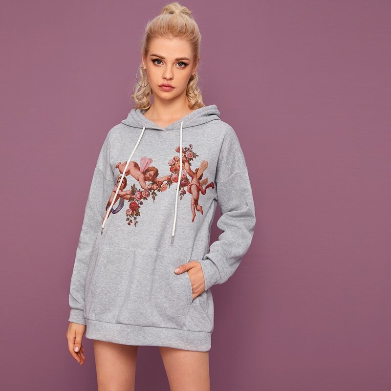 

Angels Print Drawstring Longline Hoodie, Grey
