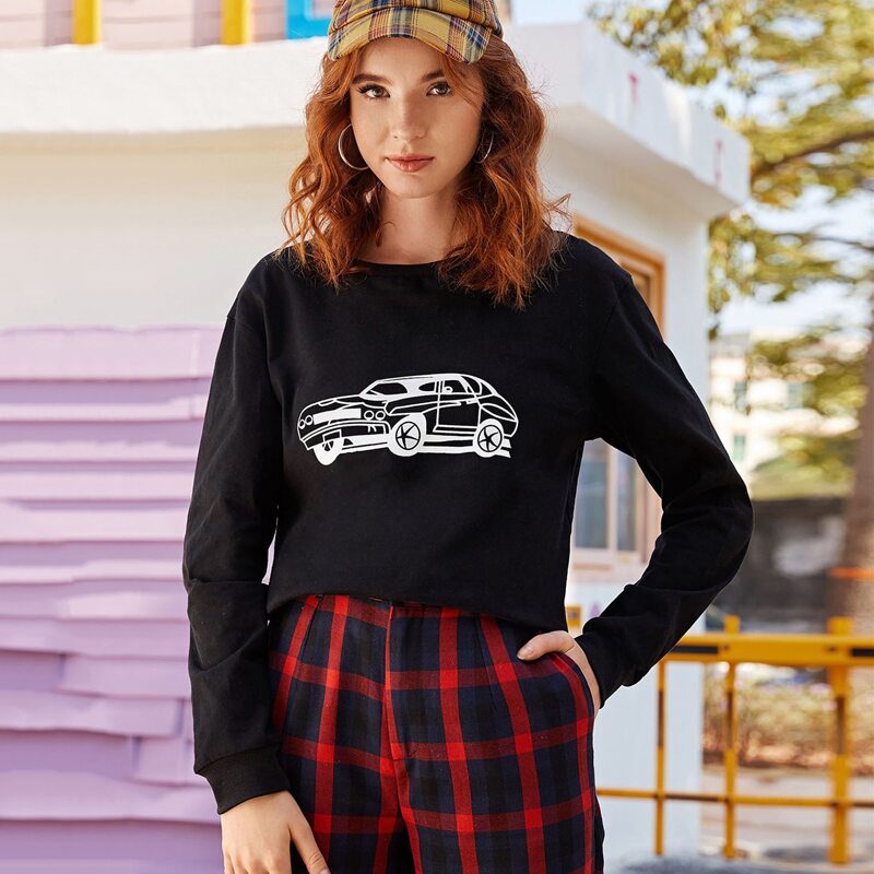 

Car Print Long Sleeve Tee, Black
