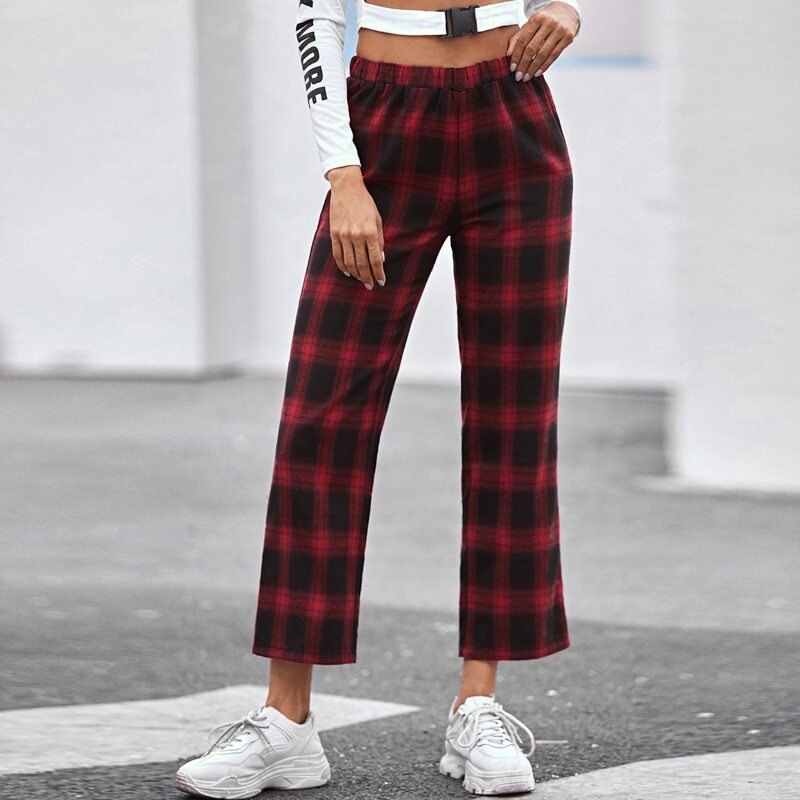 

Elastic Waist Straight Leg Plaid Pants, Multicolor