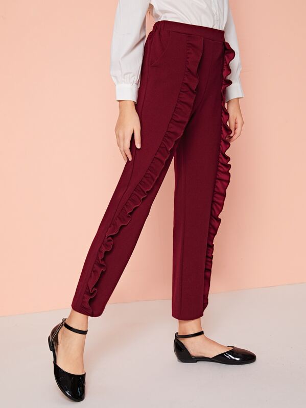 

Girls Ruffle Trim Straight Leg Pants, Burgundy, Sashab