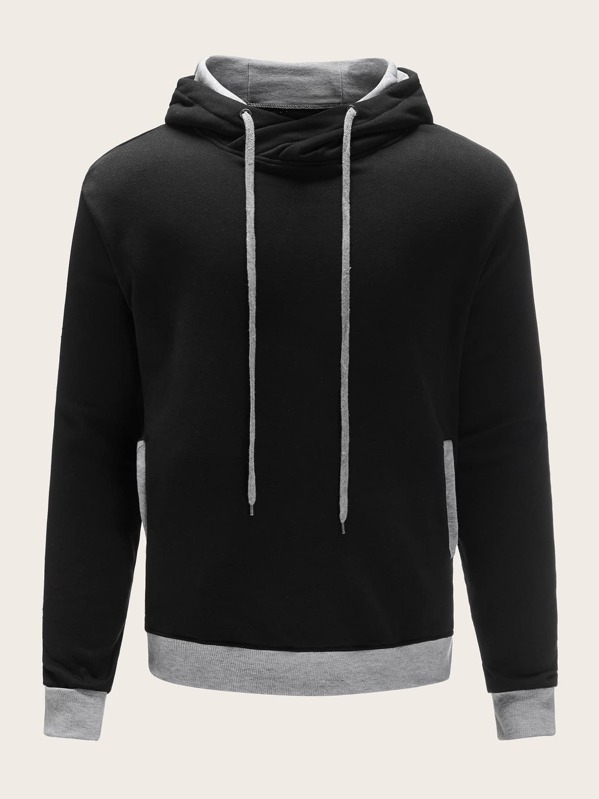 

Men Contrast Panel Drawstring Hoodie, Black