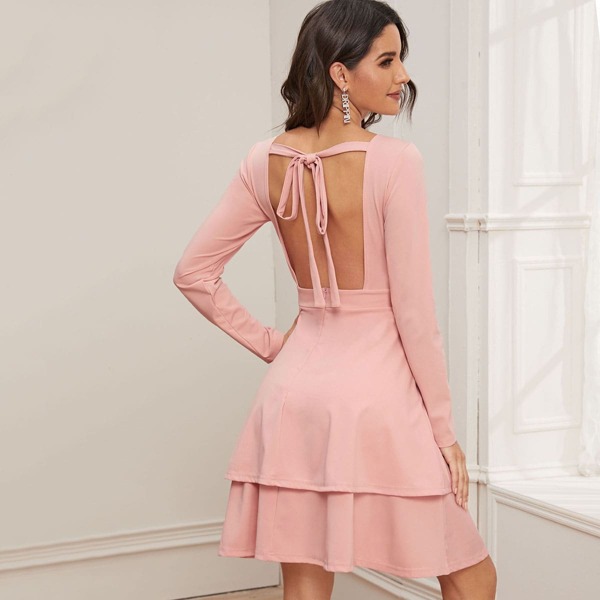 

Cut-out Tie Back Layered Hem A-line Dress, Pink pastel