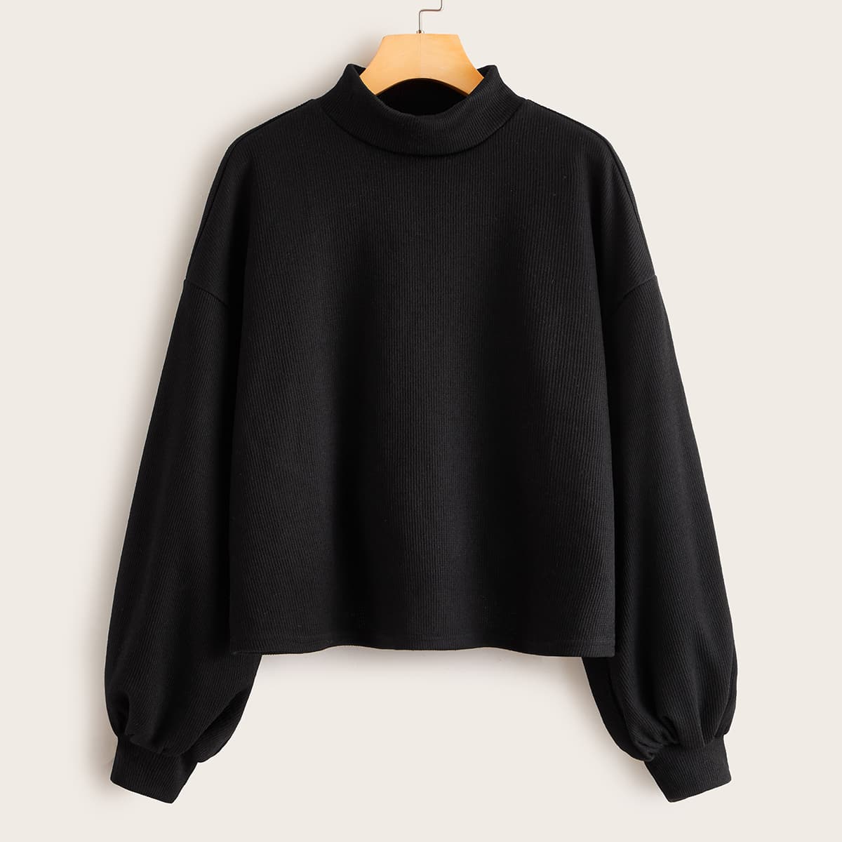 

Lantern Sleeve Rib-knit Top, Black