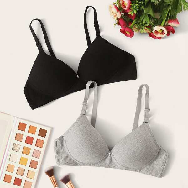 

2pack Solid Adjustable Strap Bra, Multicolor