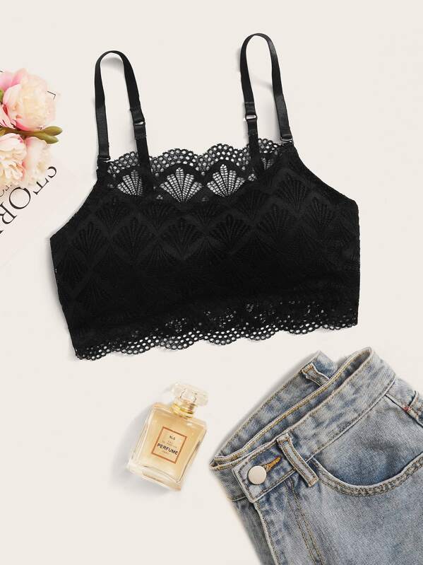 

Adjustable Strap Floral Lace Bralette, Black