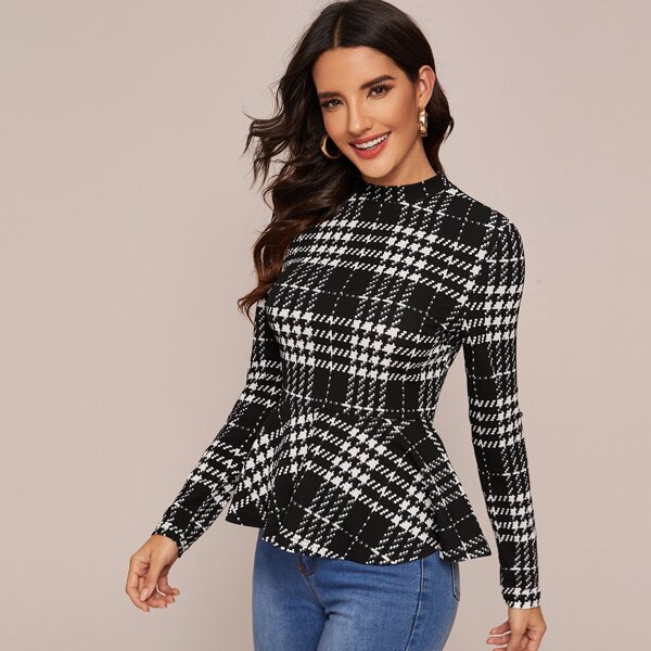 

Mock Neck Ruffle Hem Plaid Tee, Black and white