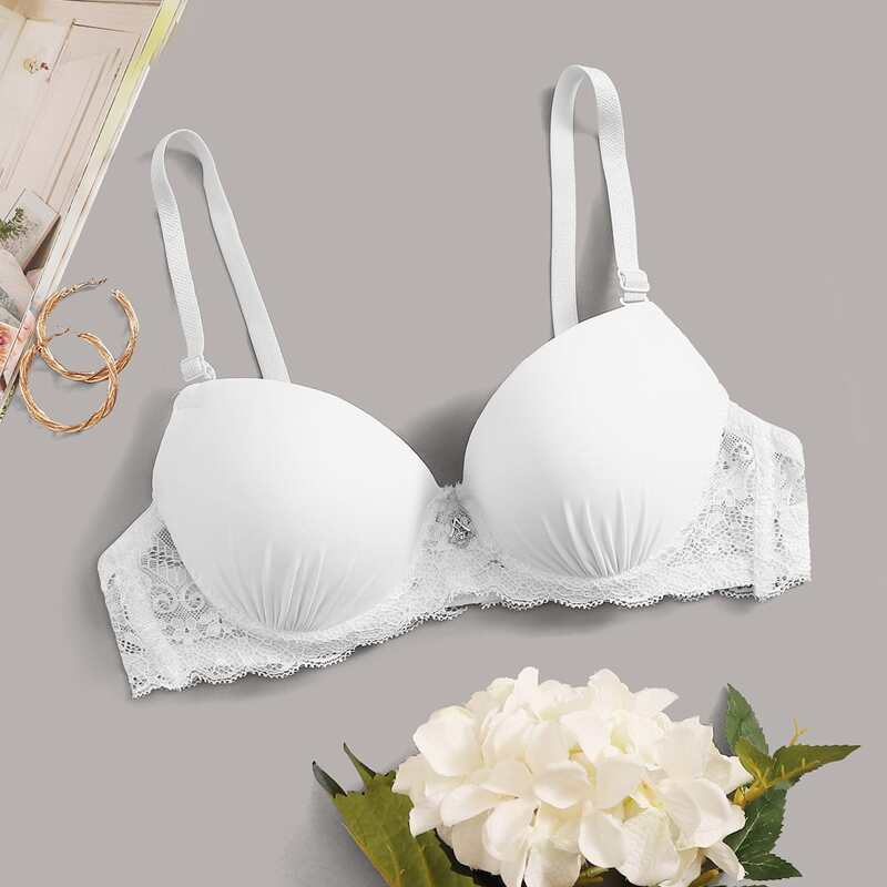

Contrast Floral Lace Push Up Bra, White