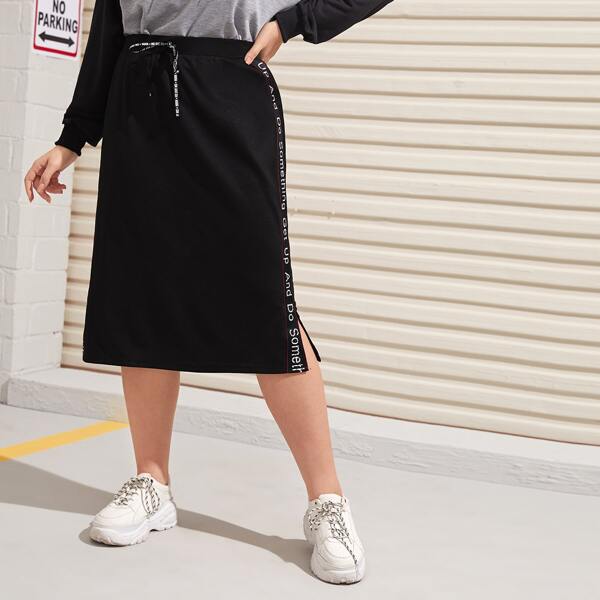 

Plus Slogan Tape Side Split Hem Skirt, Black