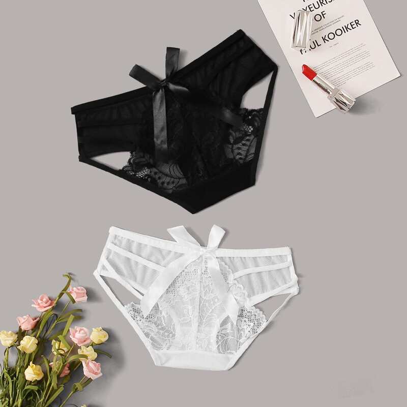

2pack Floral Lace Harness Sheer Panty Set, Black and white