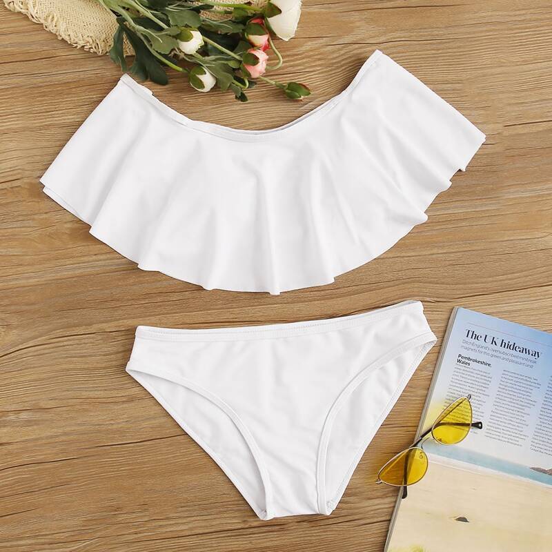 

Ruffle Top With Low Rise Bikini Set, White