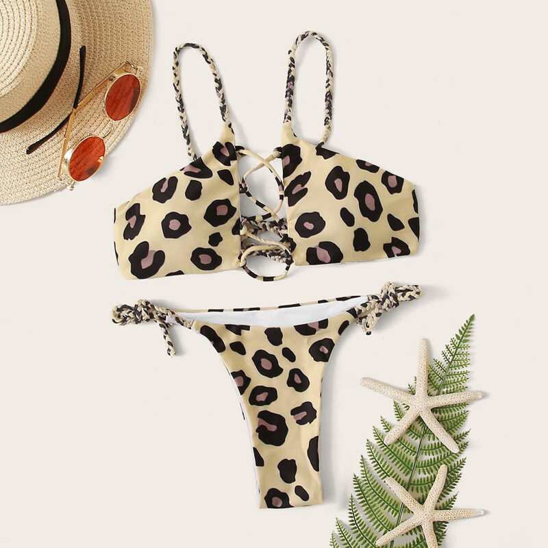 

Leopard Pattern Criss Cross Braided Strap Bikini Set, Multicolor