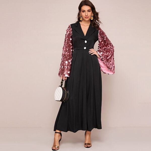 

Notched Collar Sequin Exaggerated Sleeve Dress, Black