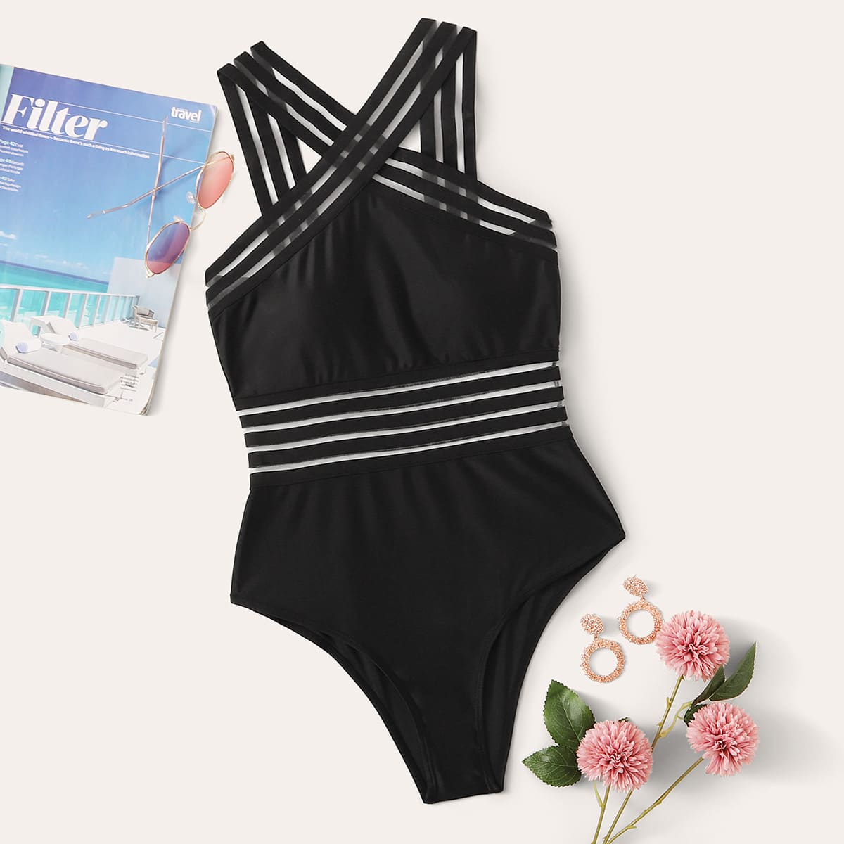 

Striped Sheer Criss Cross One Piece Swimsuit, Black