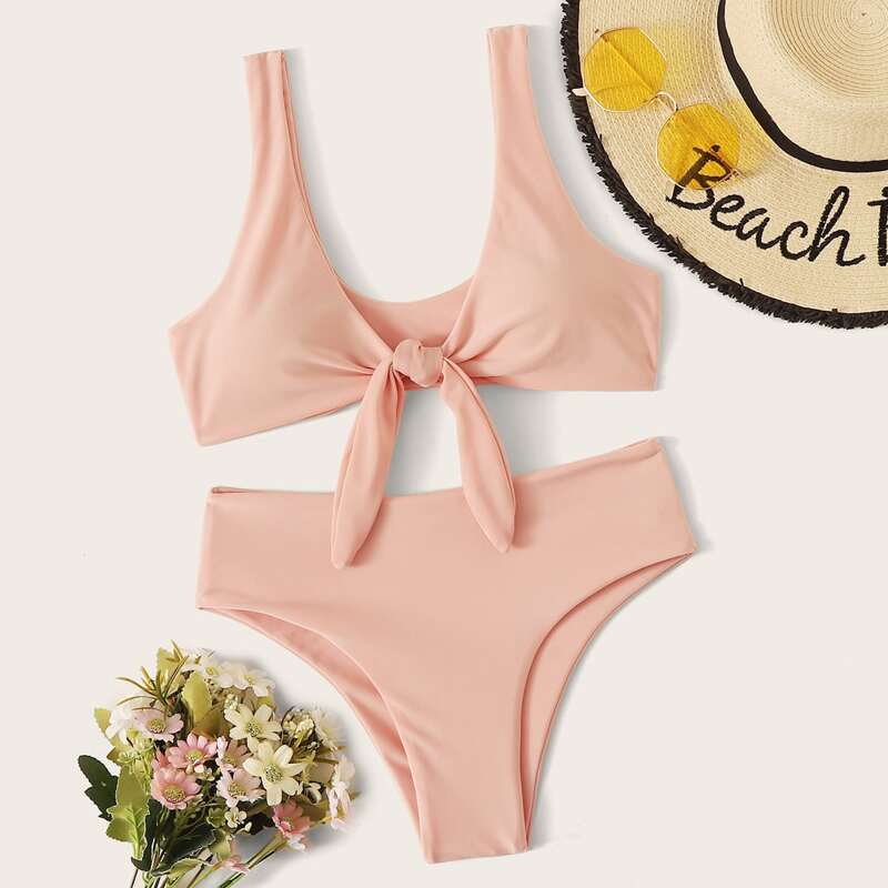 

Knot Front Top With High Waist Bikini Set, Pink