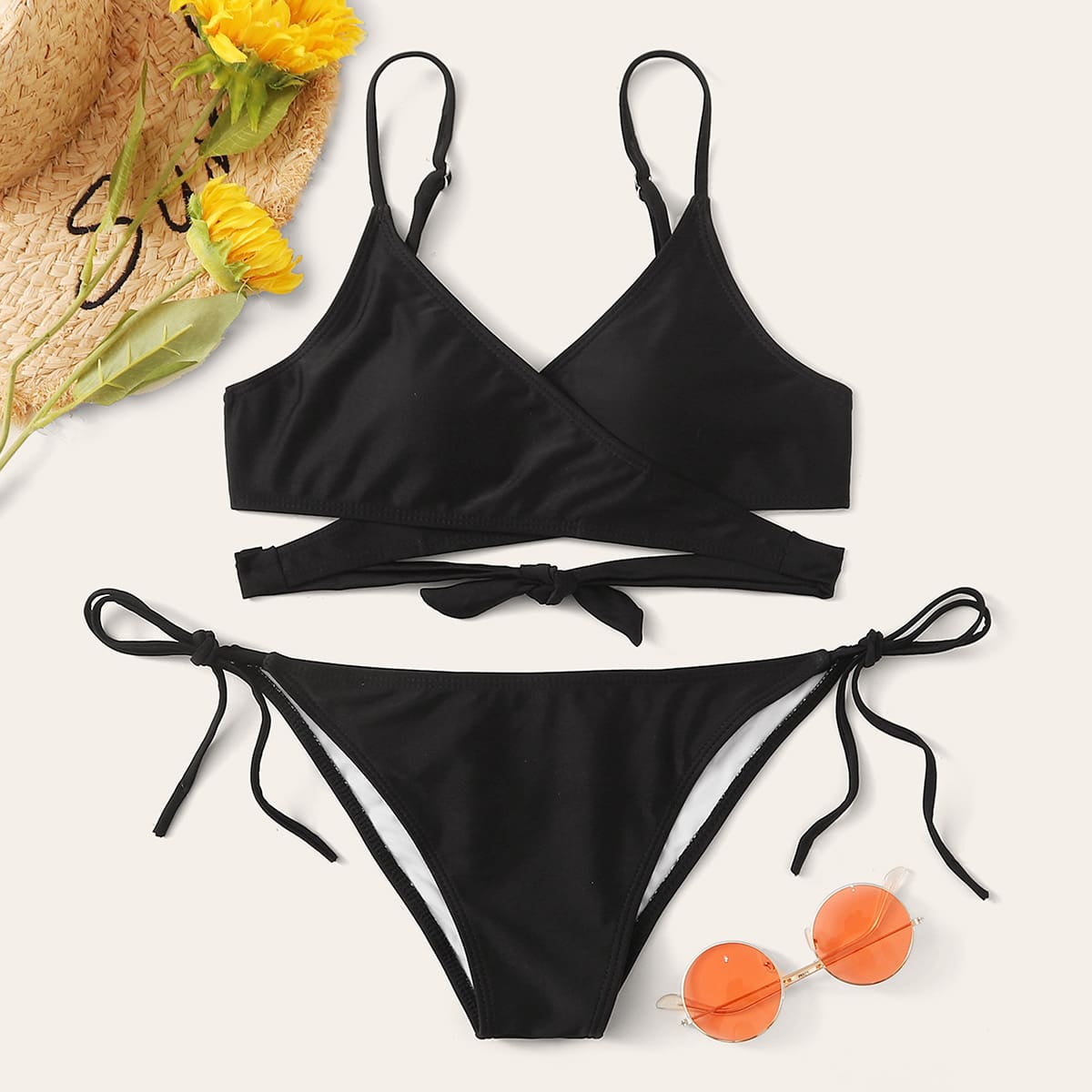 

Criss Cross Wrap Top With Tie Side Bikini Set, Black