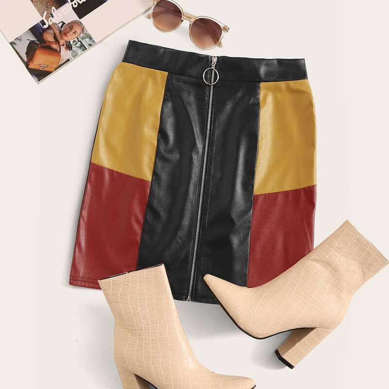 

O-ring Zip Up Colorblock PU Leather Skirt, Multicolor