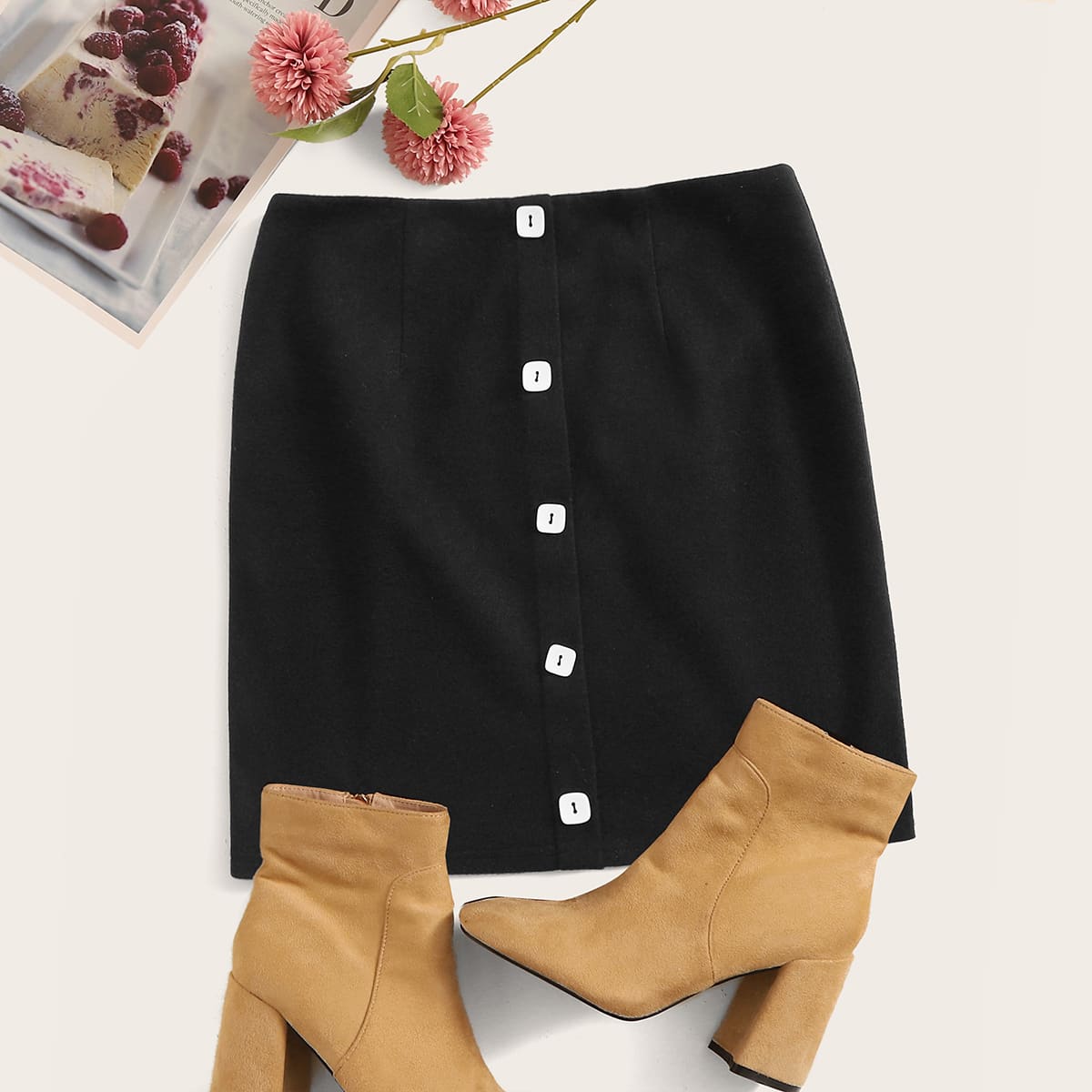 

Button Front Mini Skirt, Black