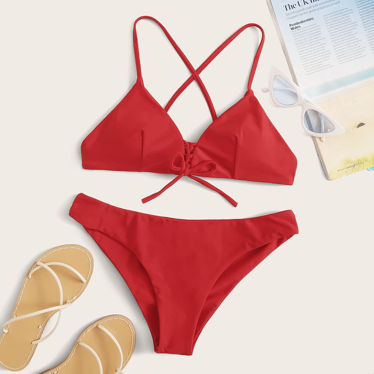 

Solid Lace-up Front Bikini Set, Red