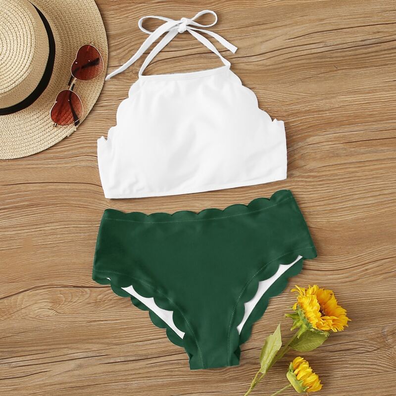 

Two Tone Scallop Trim Halter Bikini Set, Multicolor