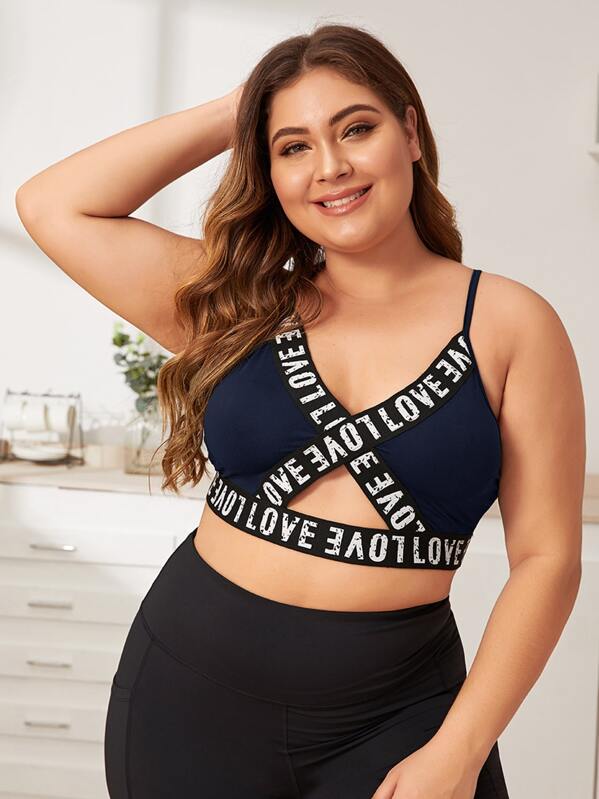 

Plus Letter Tape Sports Bra, Navy, Carol