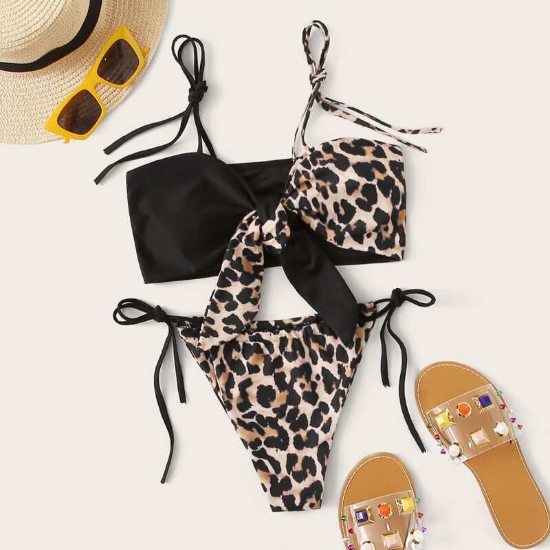 

Two Tone Leopard Print Knot Front Bikini Set, Multicolor