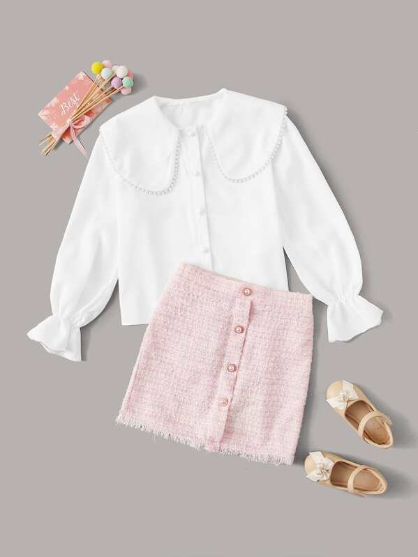 

Girls Pearl Beaded Flounce Sleeve Blouse & Tweed Skirt Set, Multicolor