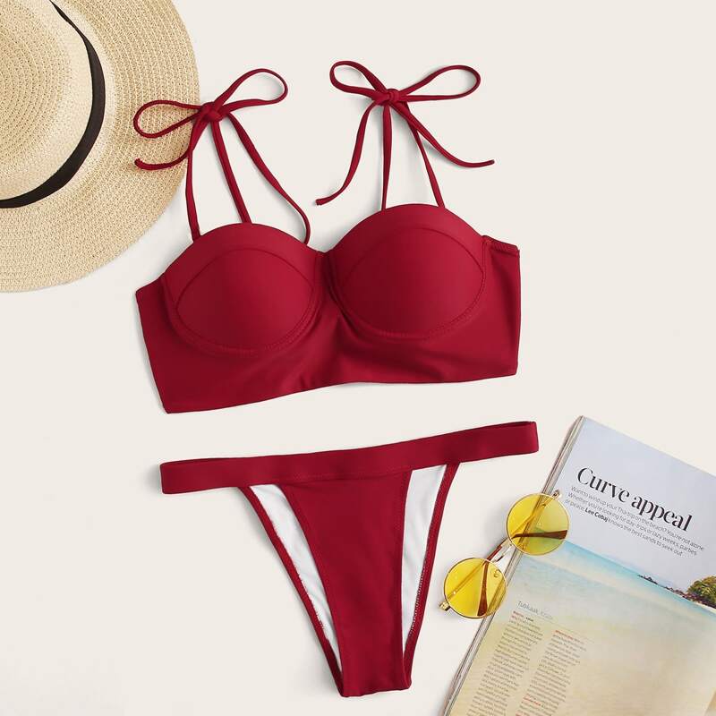 

Knot Back Top With Thong Bikini Set, Red