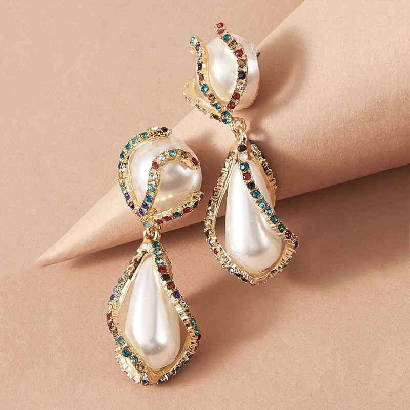 

1pair Rhinestone Engraved Faux Pearl Drop Earrings, Multicolor