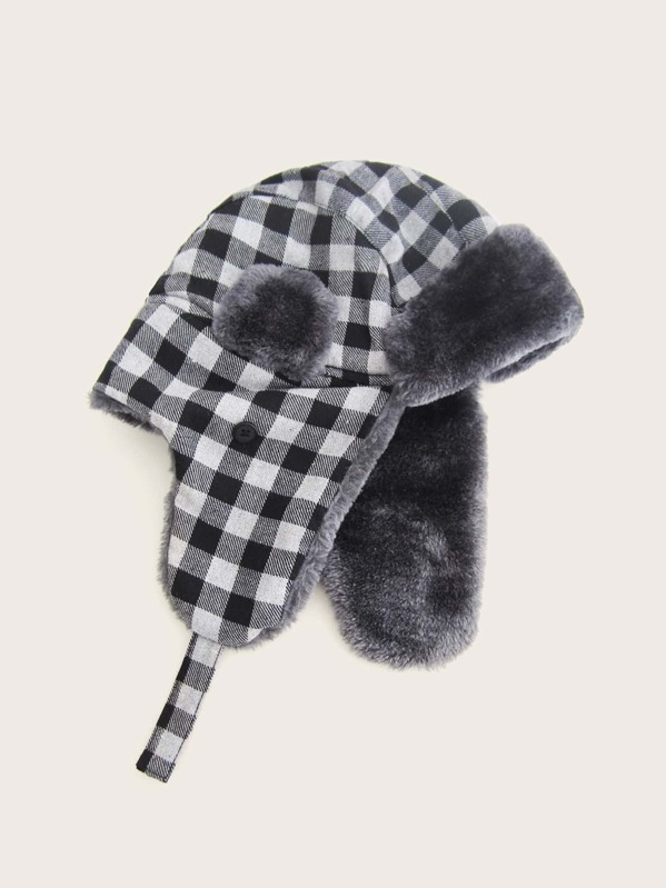 

Men Plaid Pattern Fluffy Lei Feng Cap, Multicolor