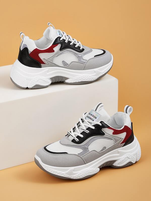 

Lace-up Front Suede Panel Chunky Sneakers, Multicolor