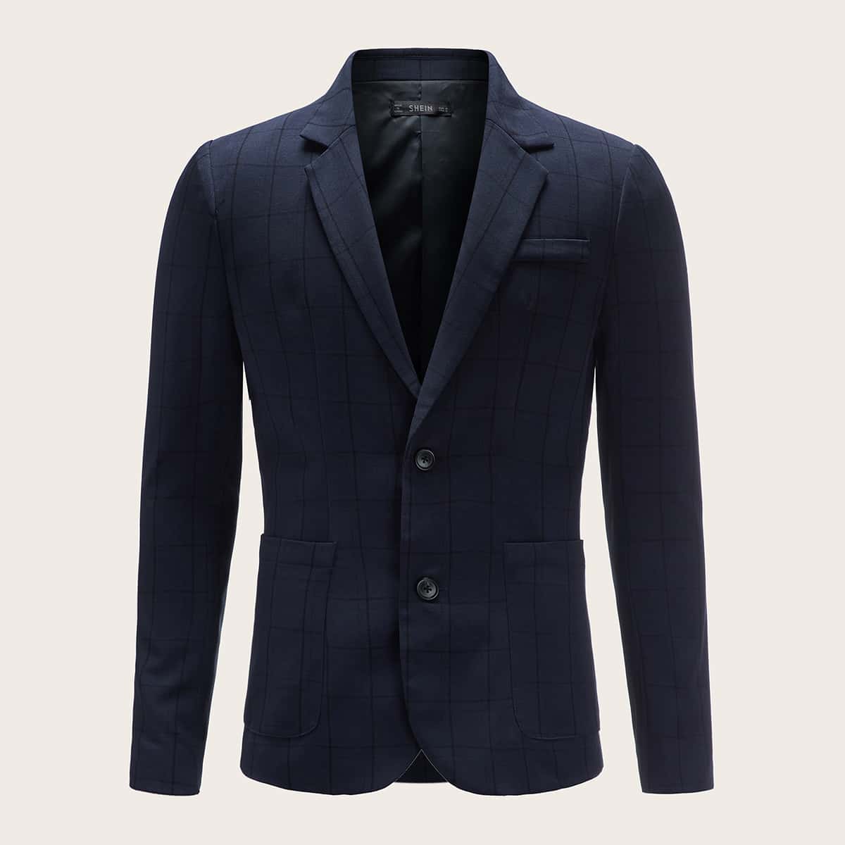 

Guys Notched Collar Pocket Front Plaid Blazer, Navy