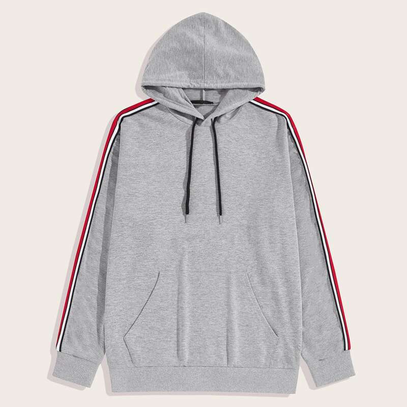 

Guys Striped Tape Side Patch Pocket Drawstring Hoodie, Grey