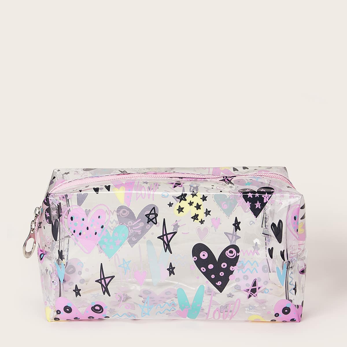 

Heart & Star Pattern Transparent Makeup Bag, Multicolor