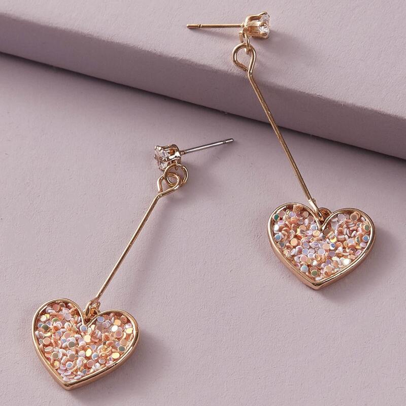 

1pair Glitter Heart Drop Earrings, Gold