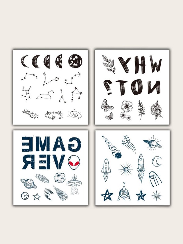 

4sheets Butterfly & Flower Pattern Tattoo Sticker, Black